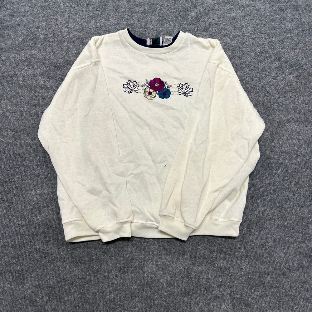Bold Spirit Sweatshirt Womens Size L Cream Floral Embroidered Crewneck Vintage